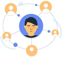 Illustration of a central user avatar connected to several surrounding user icons, representing a social or network connection concept.