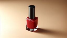 Close-up of a square glass bottle of red nail polish with a glossy black cap, set on a warm beige surface with soft lighting and a long shadow.