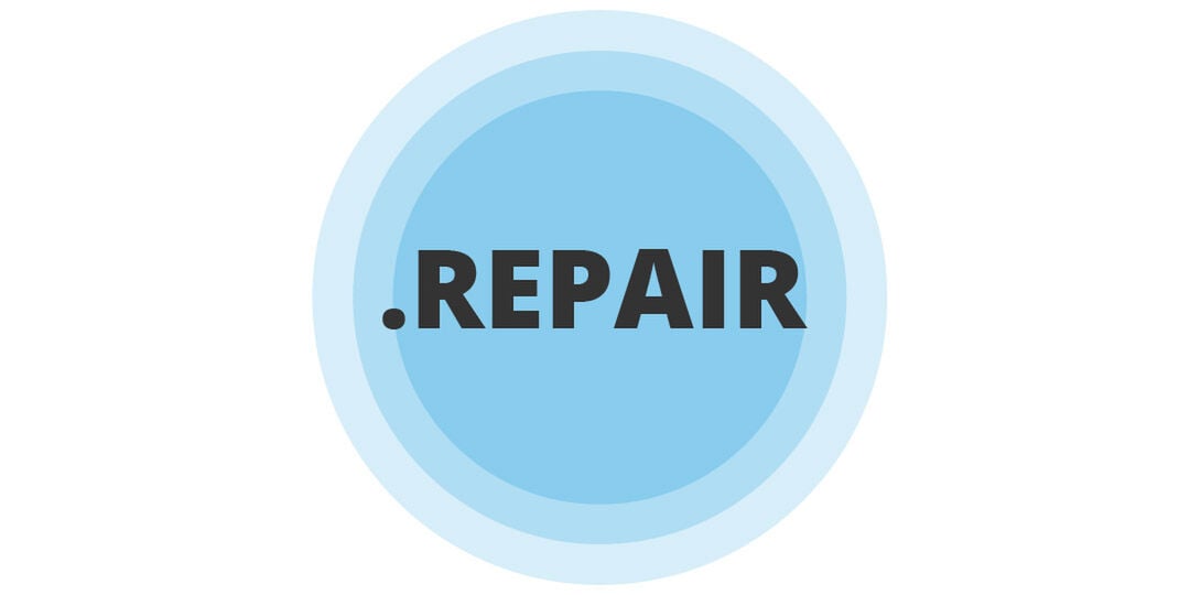 Blue circular badge with the word .REPAIR in bold black text at the center.