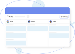 Illustration of a task management dashboard with columns for team members Tom, Anna, and John, showing light blue task cards under each name.