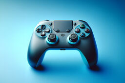 Close-up of a modern game controller on a blue gradient background, centered with soft lighting highlighting its buttons and joysticks.