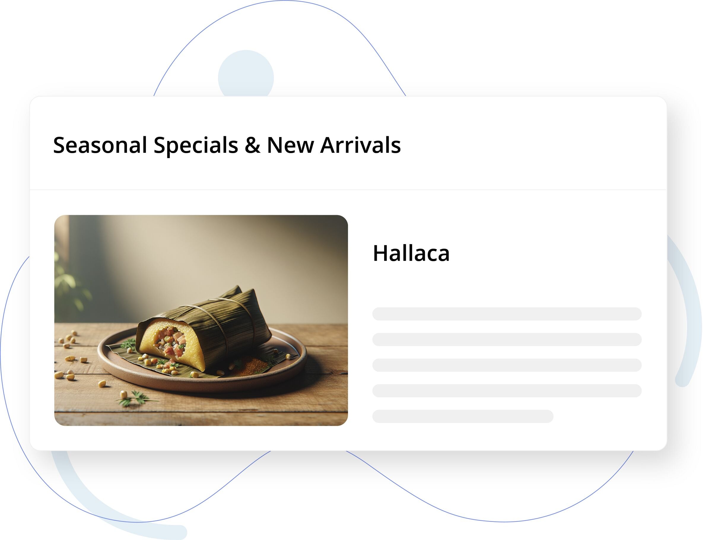 Restaurant menu card showing a seasonal special called Hallaca with a photo of a banana-leaf-wrapped tamale-style dish on a rustic wooden table.