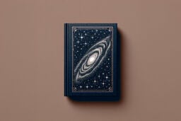 Dark blue hardcover book with a starry galaxy illustration on the cover, centered on a plain beige background.