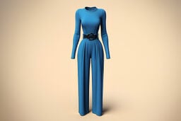 Elegant blue long-sleeve jumpsuit with a belted waist displayed on a plain beige background.