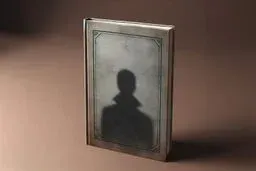 A vintage hardback book standing upright with a shadowy human silhouette on its worn cover