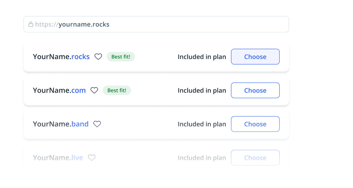 Domain search results showing musician-friendly URLs with .rocks, .com, and .band options included in plan