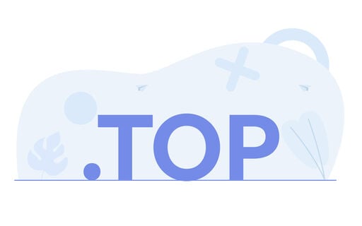 Minimalist illustration featuring the text “.TOP" in bold blue letters on a soft light-blue abstract background with simple shapes like leaves, circles, and paper airplanes.