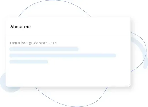 Minimal UI card titled 'About me' with placeholder text lines on a soft abstract background