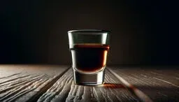 A single shot glass filled with dark amber liquid on a rustic wooden surface, spotlighted against a black background.