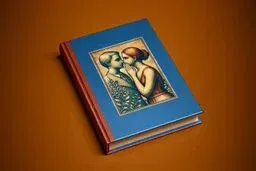Blue hardcover book with a central vintage-style illustration of two people whispering, set on a warm brown surface.
