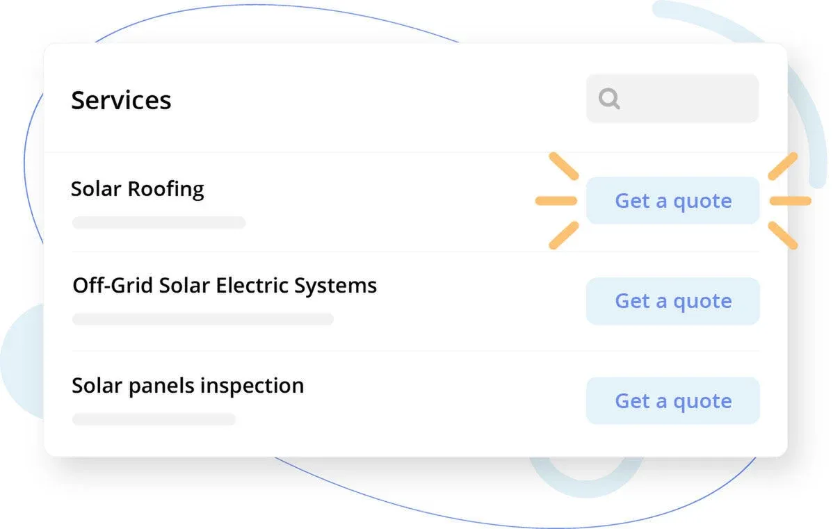 UI mockup of a services list with a search bar and prominent 'Get a quote' buttons next to solar-related services.