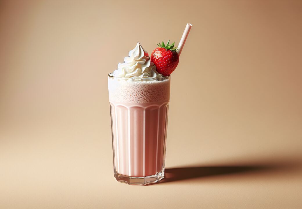 Strawberry milkshake in a tall, fluted glass topped with whipped cream, a fresh strawberry, and a straw against a beige background.