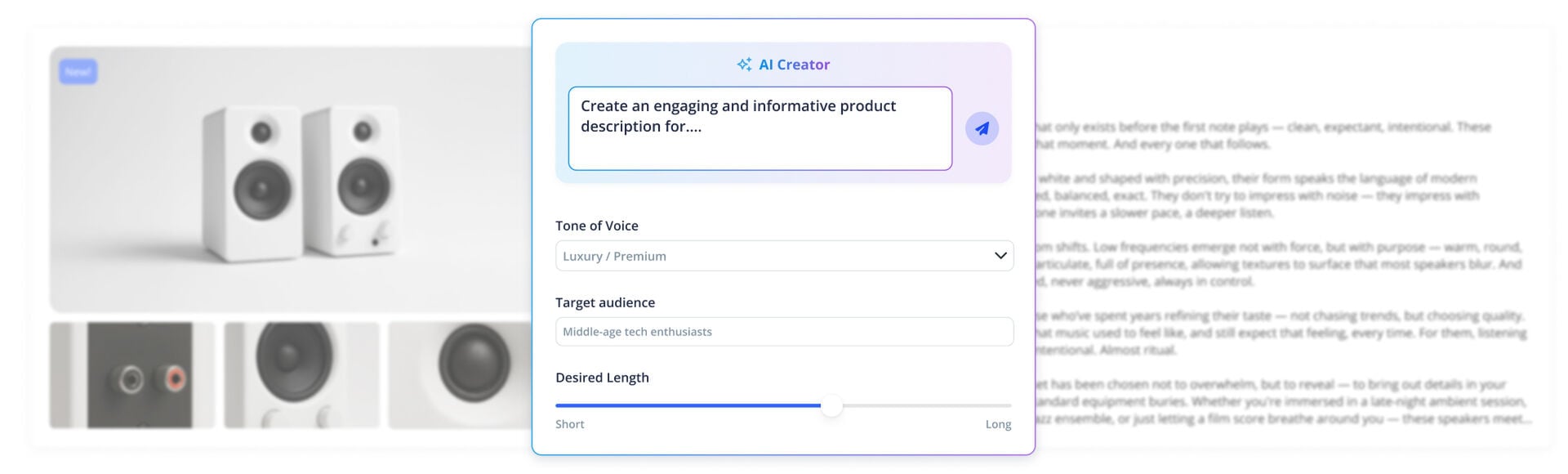 UI panel for an AI content creator tool over a blurred product page with speakers