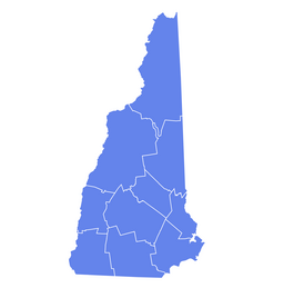 Simplified map outline of New Hampshire with its county boundaries shown in white on a blue silhouette.