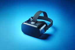 Sleek black virtual reality headset with adjustable straps resting on a smooth blue surface, lit by a soft gradient light that creates a subtle shadow beneath it.
