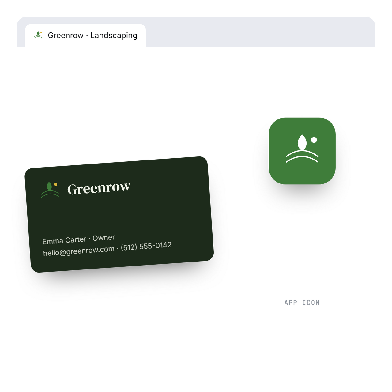 Greenrow landscaping brand mockup with business card, search tab, and green app icon