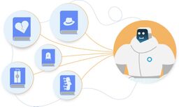 Illustration of a friendly robot connected with multiple books by lines, looking for a book sold in an online bookstore to recommend to a visitor.