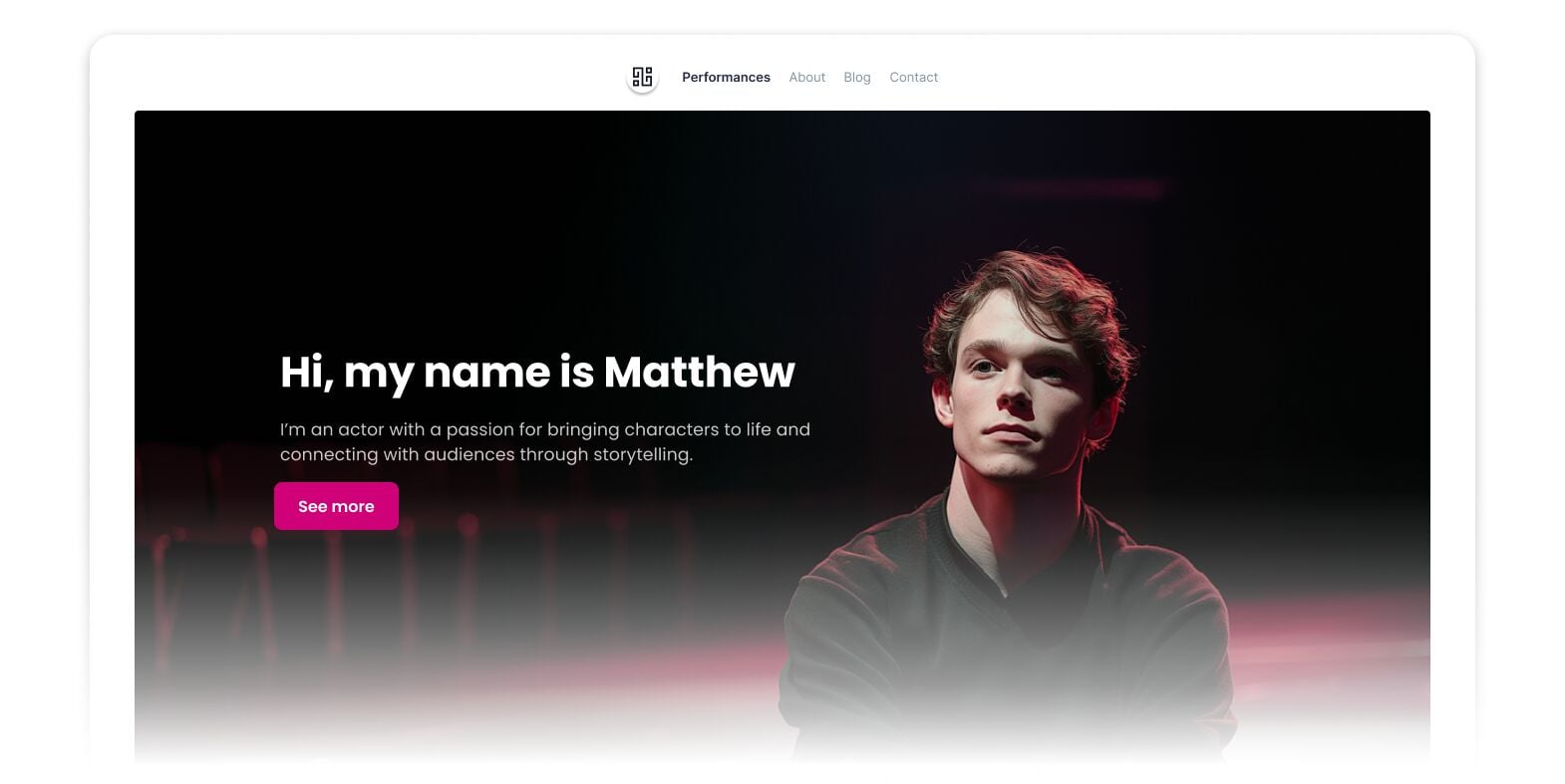 Portfolio website hero section featuring a young person on stage with dramatic lighting and headline text introducing Matthew, an actor.