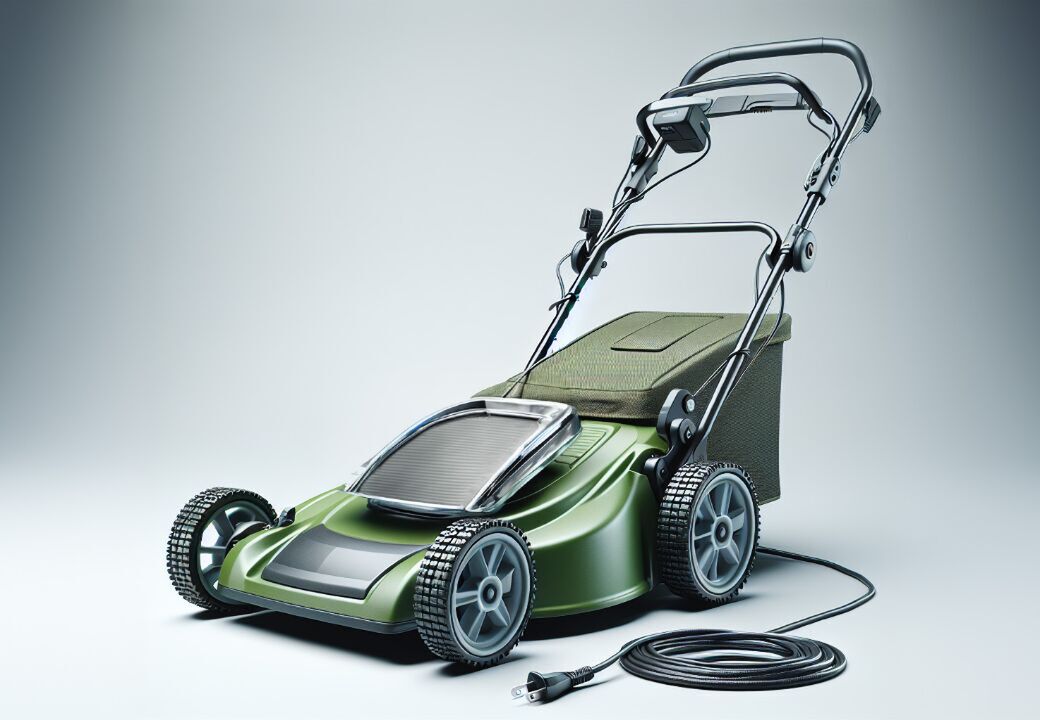Modern green electric lawn mower with cord and grass collection bag on a neutral background