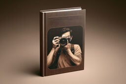 Brown hardcover photo album standing upright with an embossed image of a person holding a camera on the front cover.