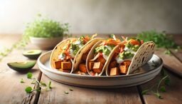 Three soft tacos filled with roasted sweet potato cubes, shredded vegetables, guacamole, and a drizzle of creamy sauce on a ceramic plate, styled on a rustic wooden table with fresh greens and avocado halves nearby.