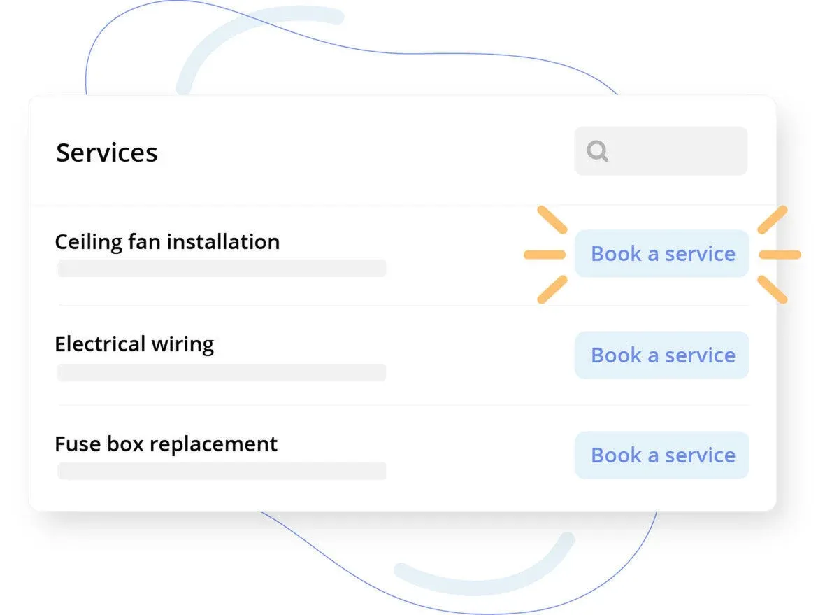 UI mockup of a services list with a search bar and "Book a service" buttons.