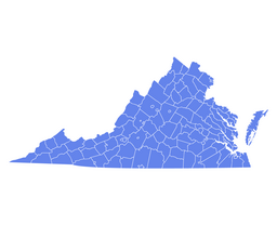 Blue vector map of Virginia showing county boundaries and independent cities, with the Eastern Shore peninsula included on the right.
