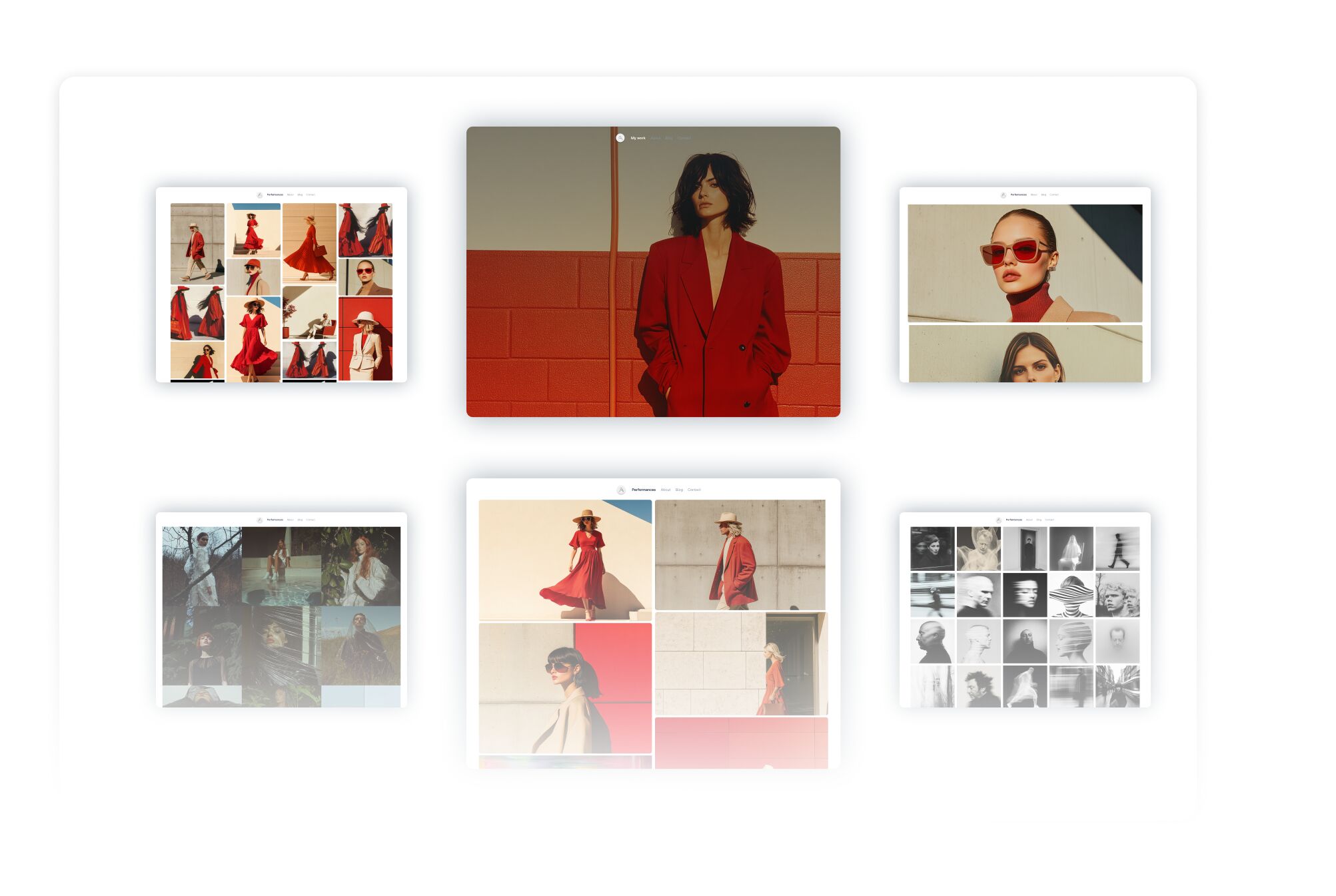 Gallery-style layout showcasing fashion photography thumbnails with a central image of a person in a red suit against a red brick wall, surrounded by smaller photo grid previews featuring models, portraits, and minimalist architectural backdrops.