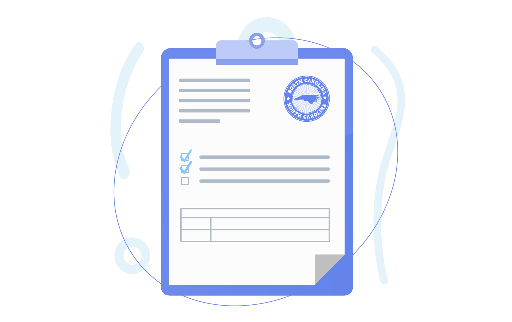Illustration of a clipboard holding a form with a blue North Carolina seal, checkboxes, lines of text, and a small table at the bottom.