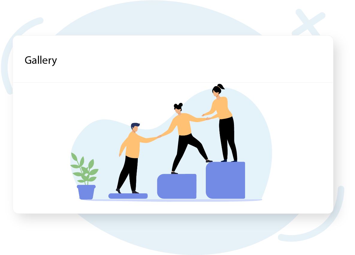 Illustration of three people helping each other climb blocks inside a card labeled Gallery.