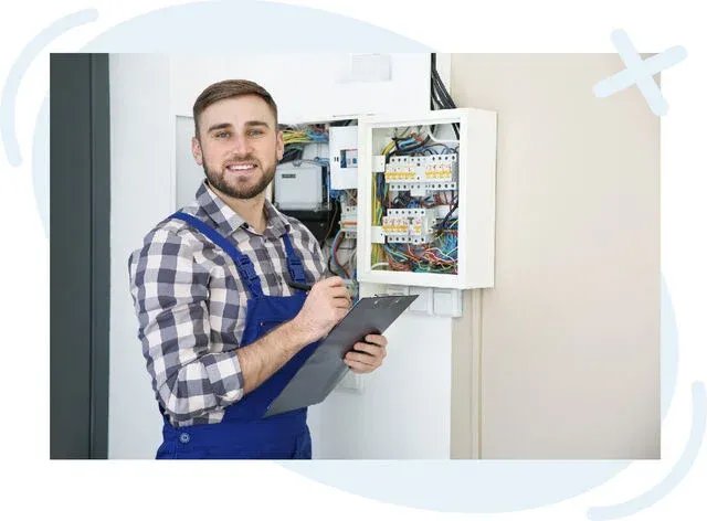 Smiling technician in blue overalls checking an open breaker panel and writing on a clipboard.