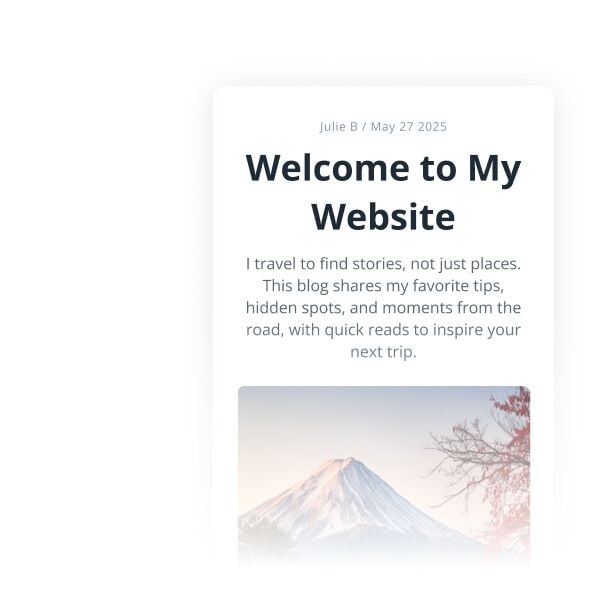 Minimal blog card design titled 'Welcome to My Website' with intro text and a scenic photo preview.