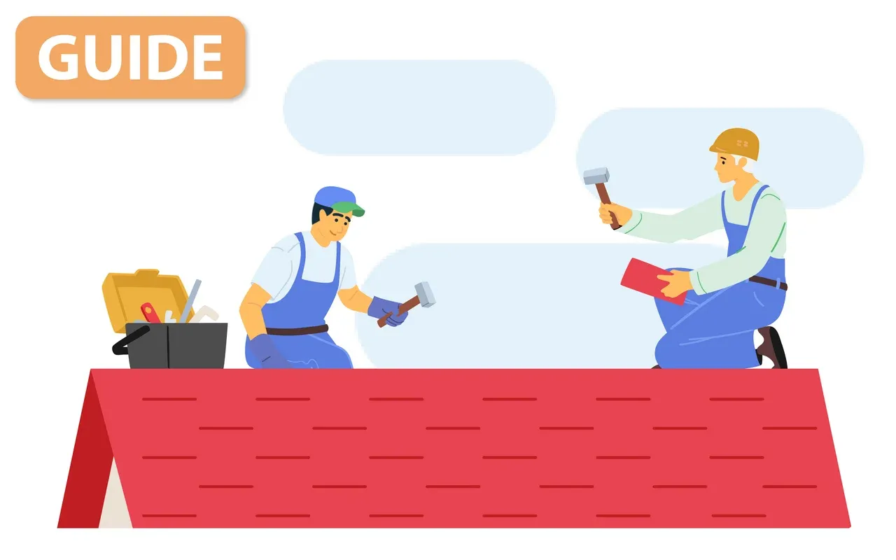 Illustration of two roofers working on a red shingle roof with tools, labeled as a guide.