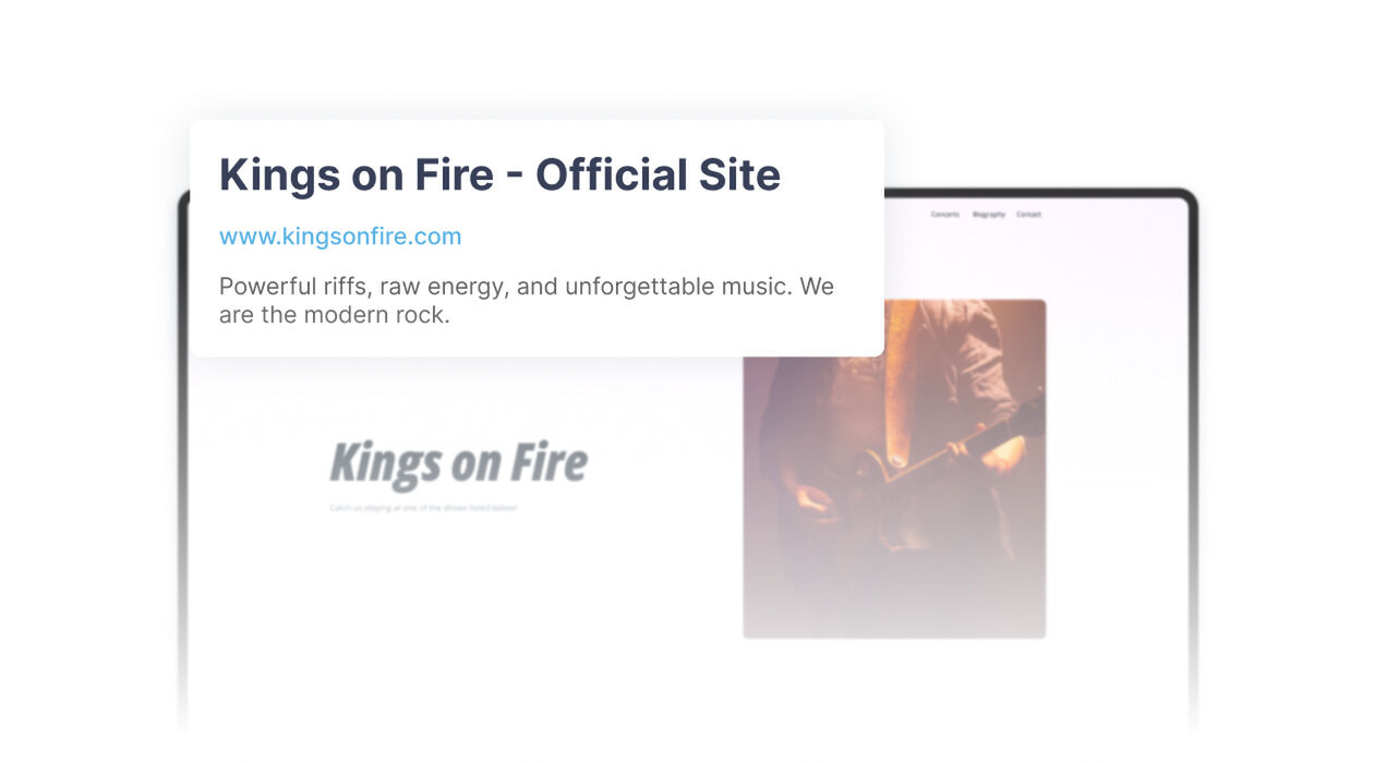 Search result preview for rock band website Kings on Fire with musician image, marketing and SEO concept