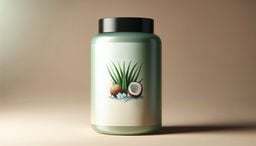 Minimal product photo of a large green bottle with a black cap, featuring an aloe vera and coconut graphic on the label, set against a warm beige background.