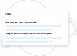 Minimalist UI mockup of an FAQs card for a pest control website, showing two sample questions with placeholder answer lines.