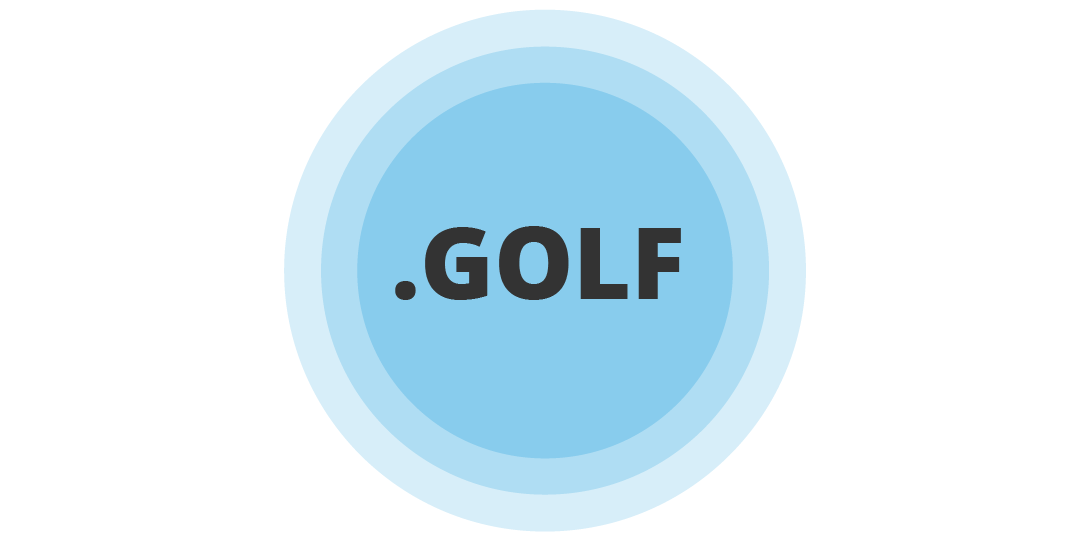 Blue circular graphic with the text “.GOLF" in bold dark gray letters centered inside concentric light-blue circles.