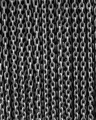Close-up black-and-white photo of many vertical metal chains hanging side by side, creating a dense, repeating pattern.