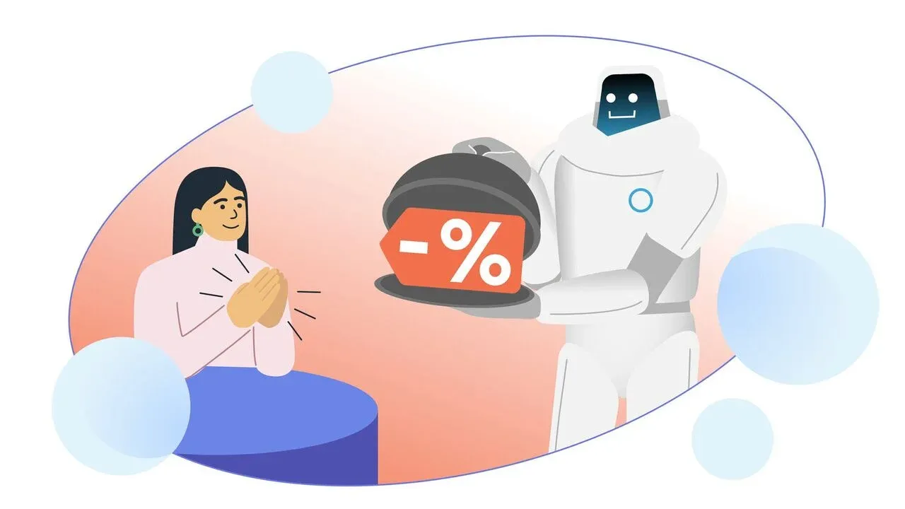 Friendly robot presenting a discount tag on a tray to a delighted customer in a modern flat illustration.