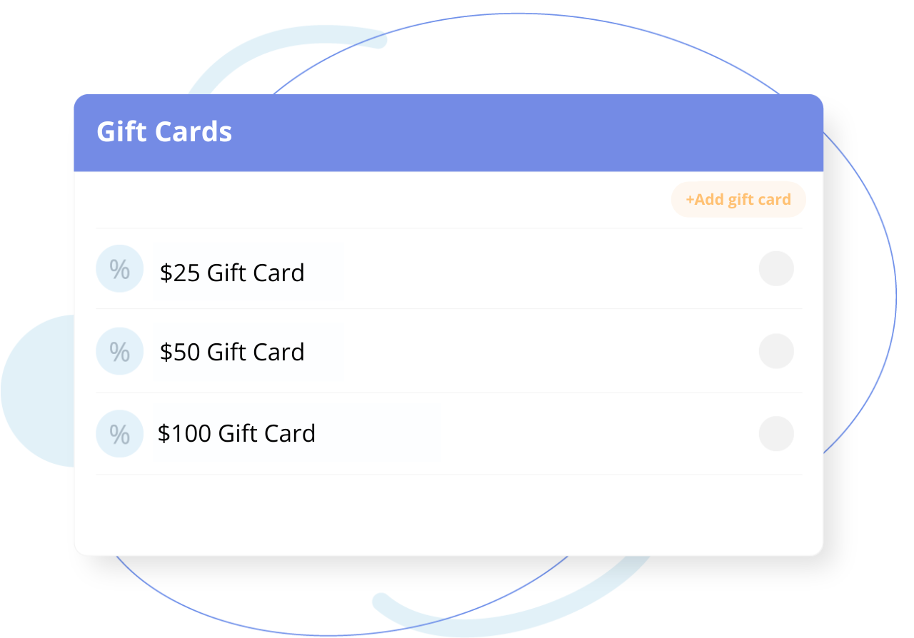 UI panel listing gift card options with Add gift card button
