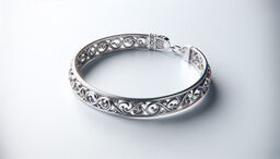 Elegant silver bracelet with intricate filigree scrollwork on a light gray background.