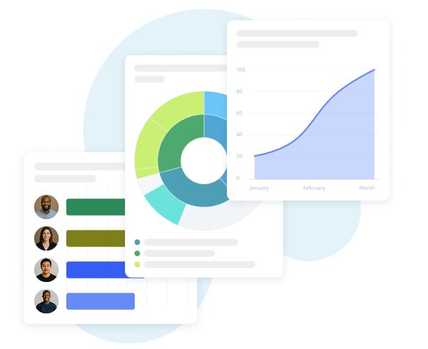 Stylized dashboard with overlapping data charts and profile list