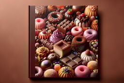 A hardcover cookbook with a cover image filled edge-to-edge with assorted confections and desserts, including chocolates, frosted donuts, pastries, truffles, candies, and whipped swirls in rich browns, pinks, and purples, set against a warm brown backgrou