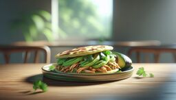 Close-up of a stuffed arepa on a ceramic plate, filled with shredded chicken, sliced avocado, green salsa, and cilantro, in a sunlit dining room.