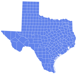 Map outline of the U.S. state of Texas filled in blue, divided into its counties by white boundary lines.