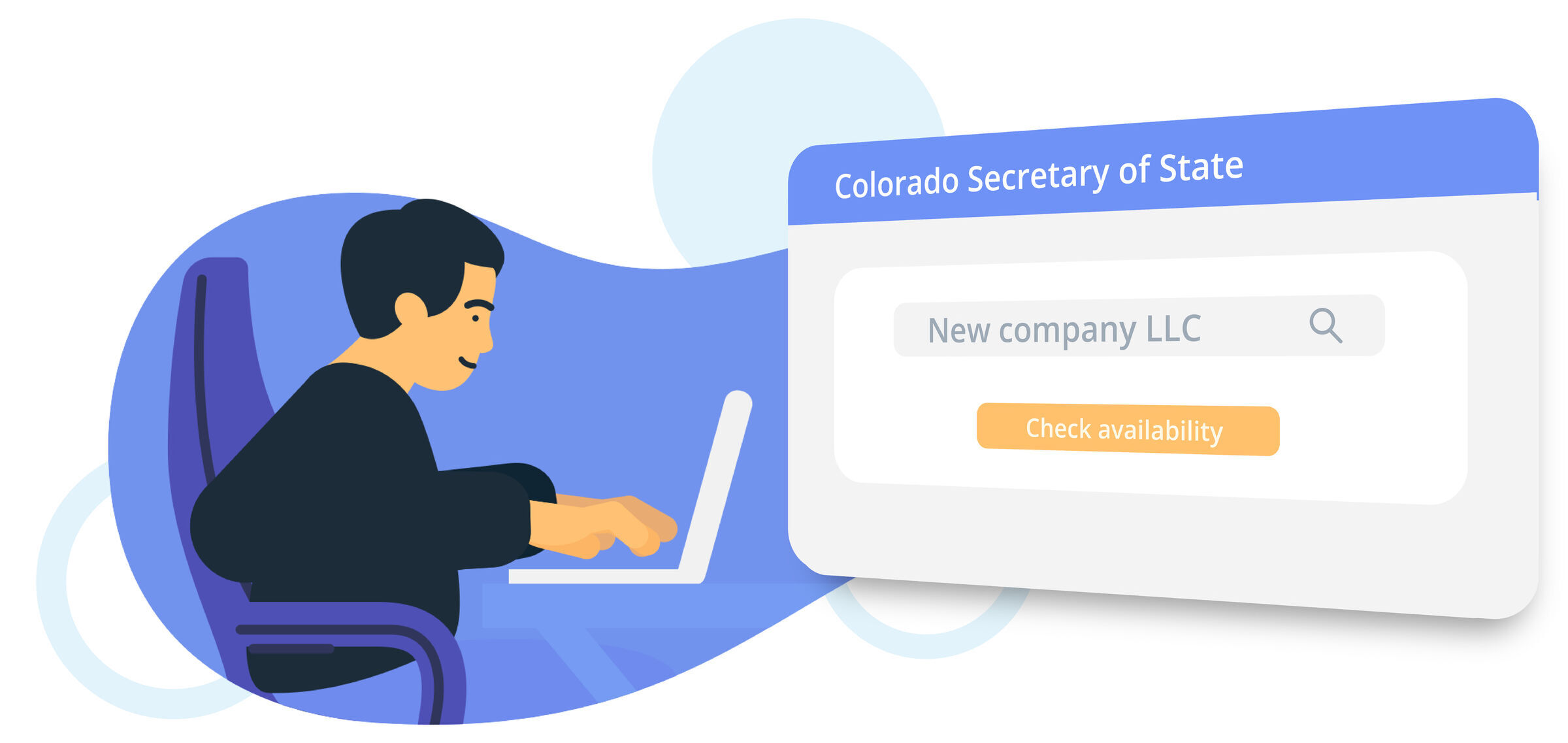 Illustration of a person using a laptop to check a business name on the Colorado Secretary of State website.