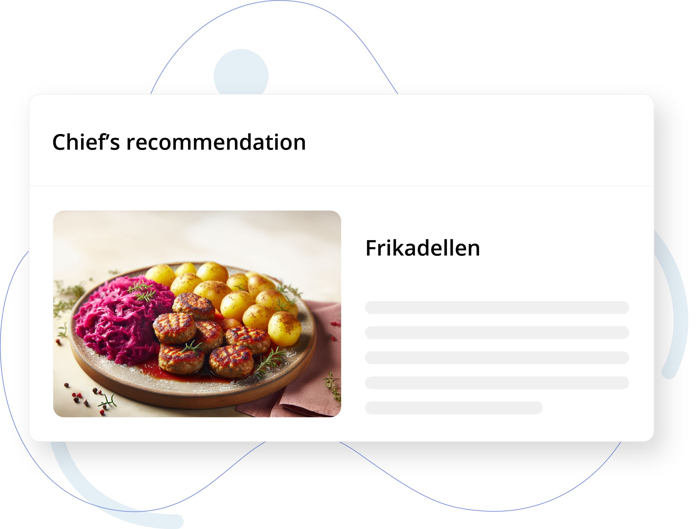 Restaurant menu card highlighting a chef’s recommendation of Frikadellen with a photo of the dish: browned meat patties served with small golden potatoes and bright purple red cabbage on a rustic plate.