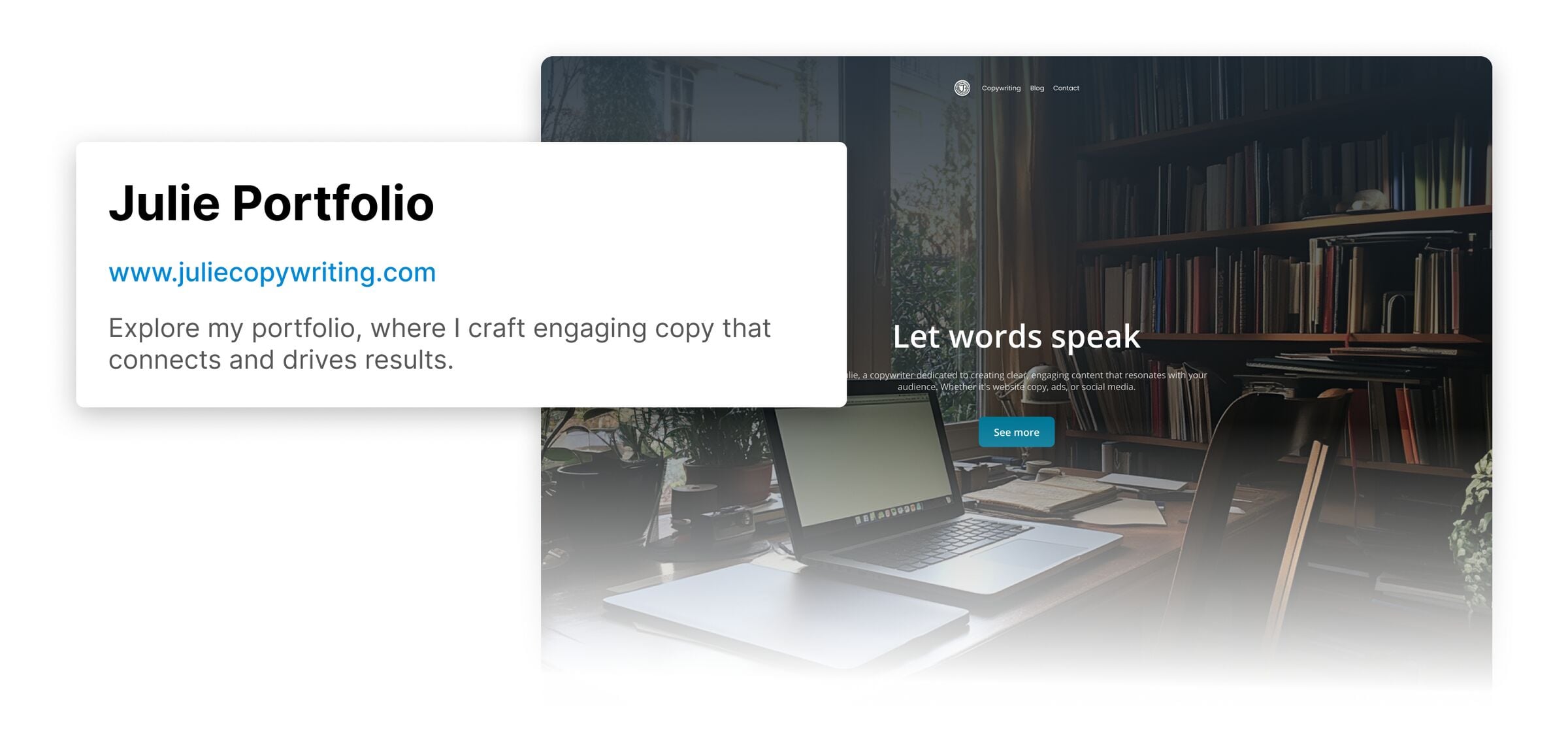 Preview card for a copywriter’s portfolio website overlaid on a blurred desktop scene with bookshelves and a laptop.