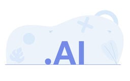 Minimalist illustration with large blue text ".AI" centered on a light background with abstract shapes.