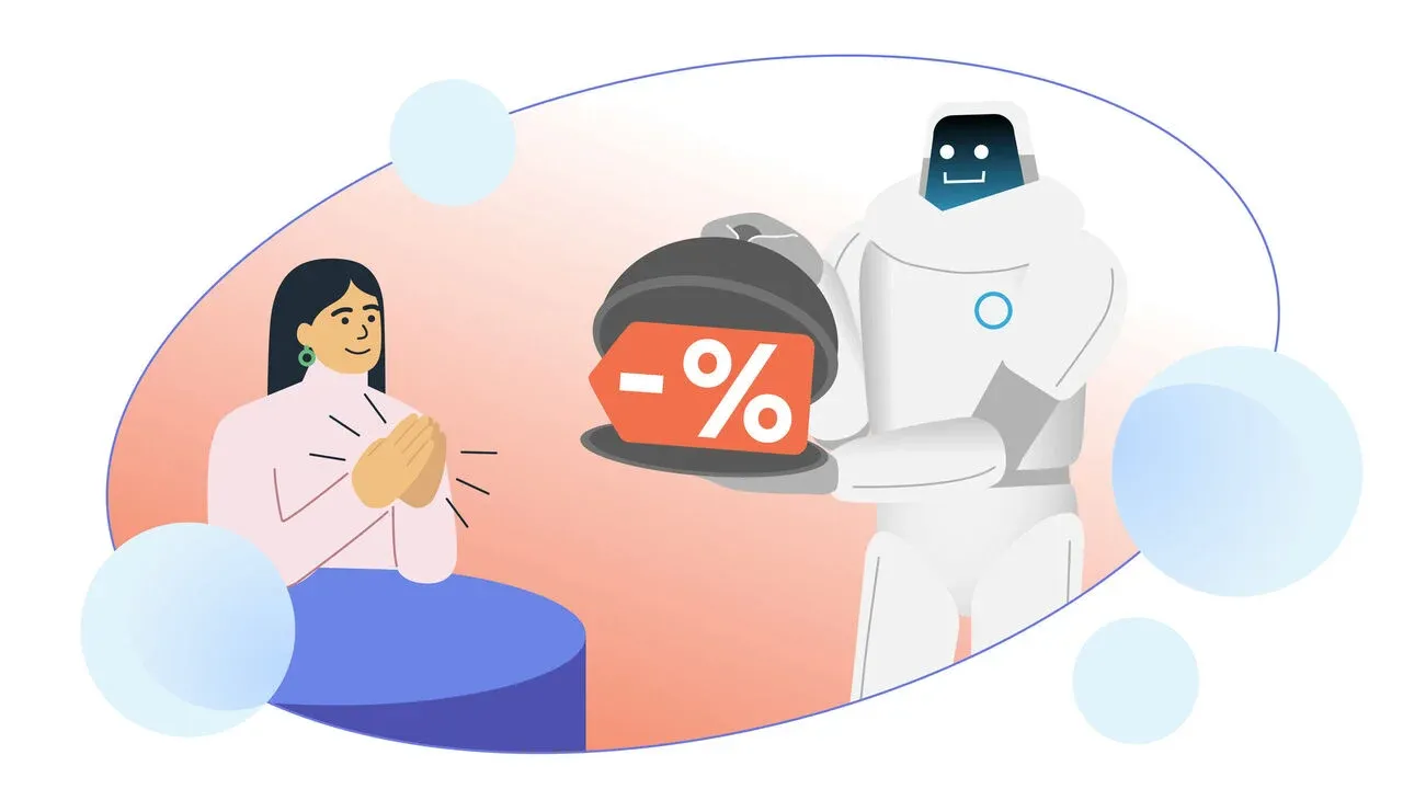 Friendly robot presenting a discount tag to a delighted customer illustration